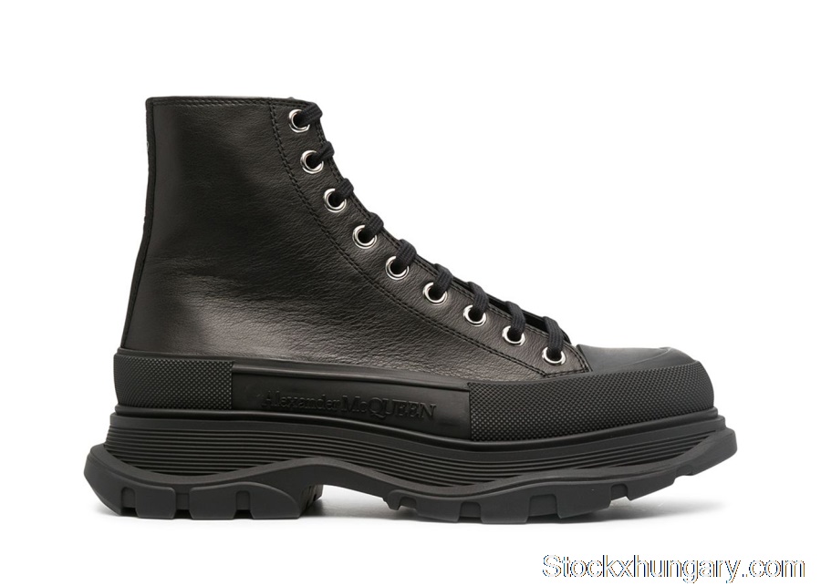 Outlet Alexander McQueen Tread Slick Lace Up Boot Triple Black Leather 627206WHZ621081